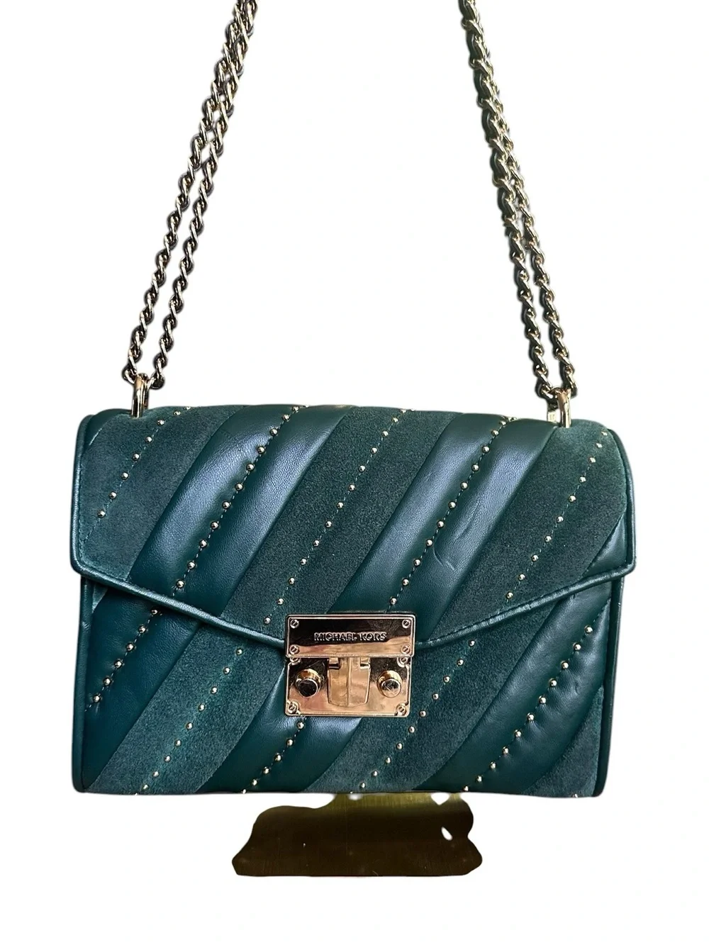 Michael Kors Emerald Green Studded Leather Suede Chain Bag